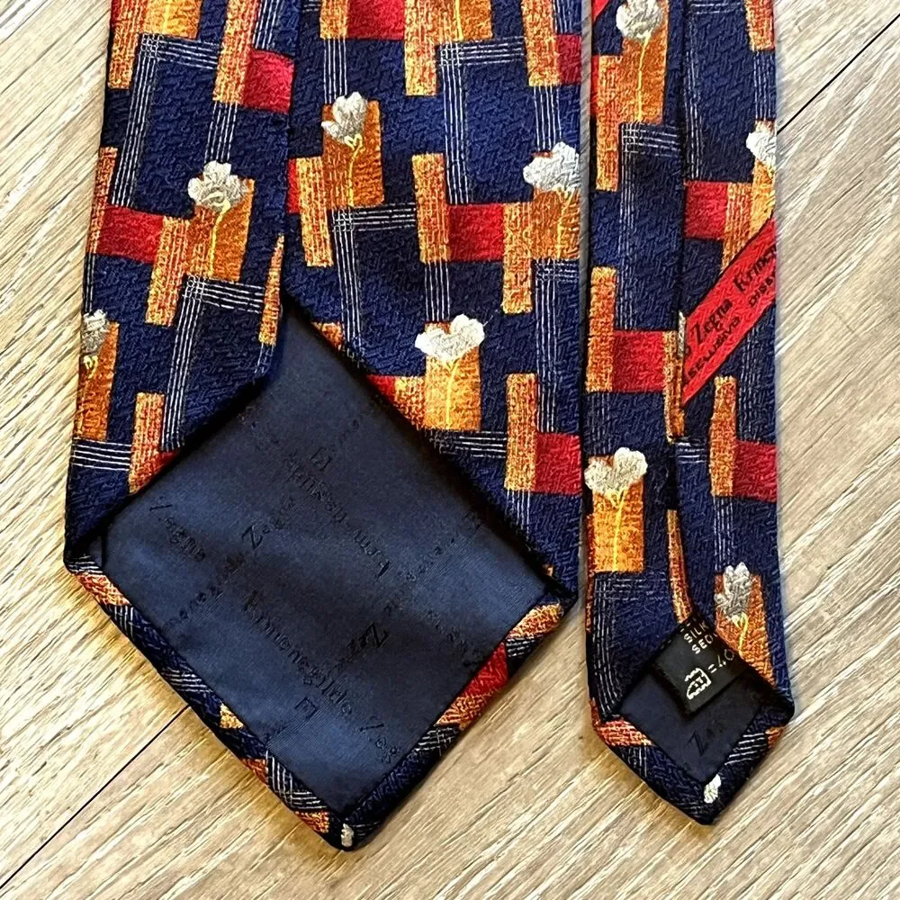 Ermenegildo Zegna Disegno Esclusivo Tie Foulard Blue‎ Orange Floral Geometric